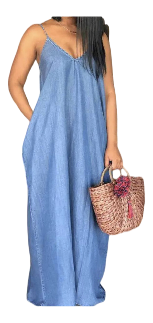 Emma Spaghetti Straps Denim Maxi Dress