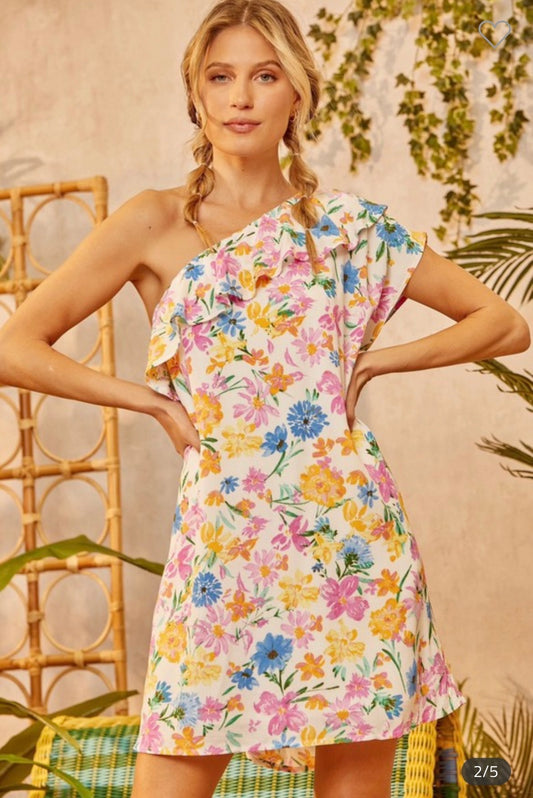 One Shoulder Floral Print Shift Dress