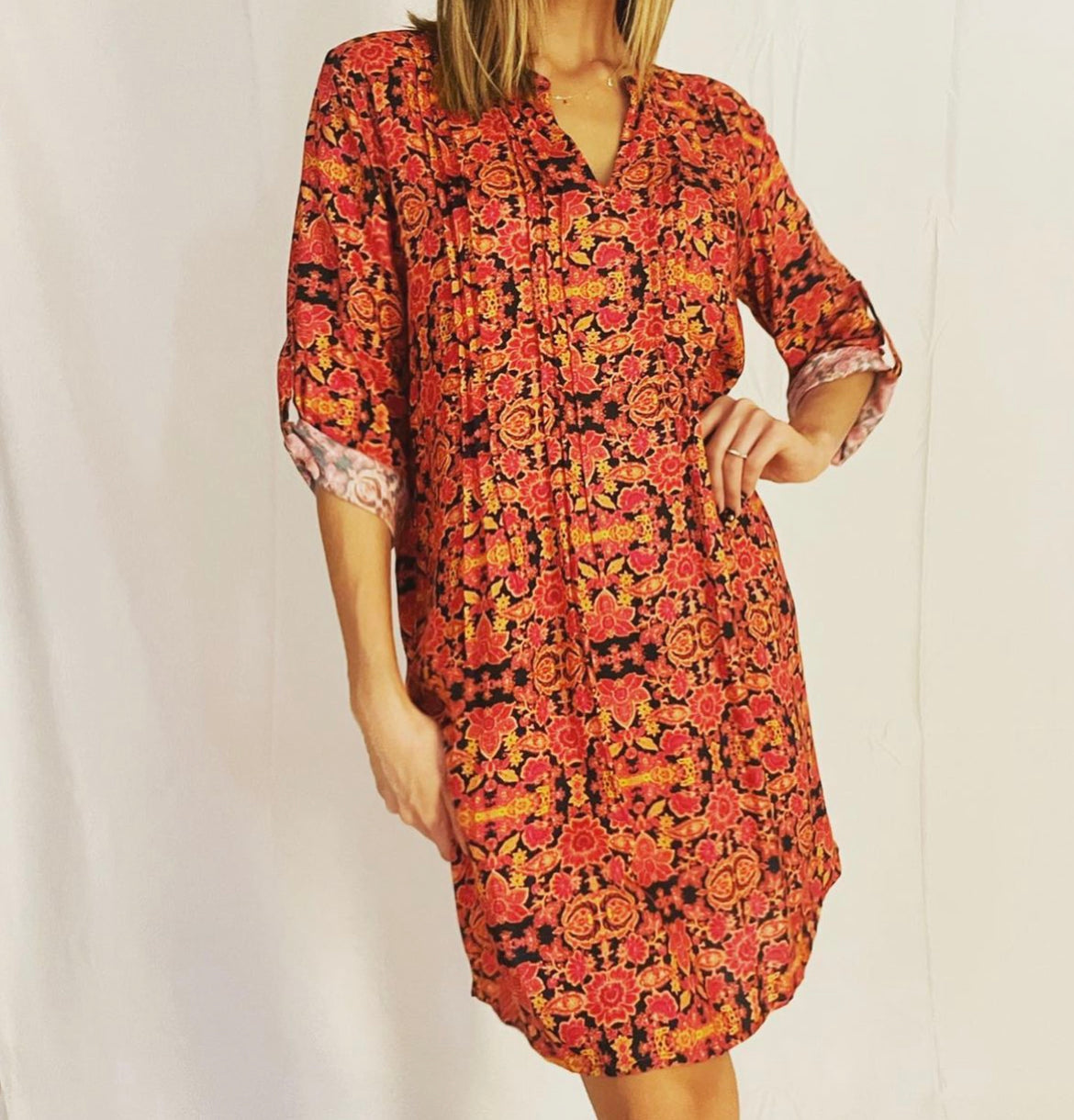 Red floral printed shift dress