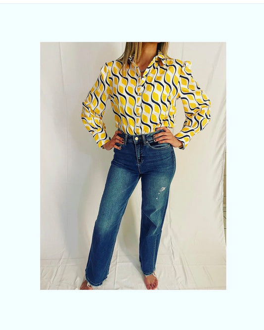 Long Sleeves Yellow Printed Top